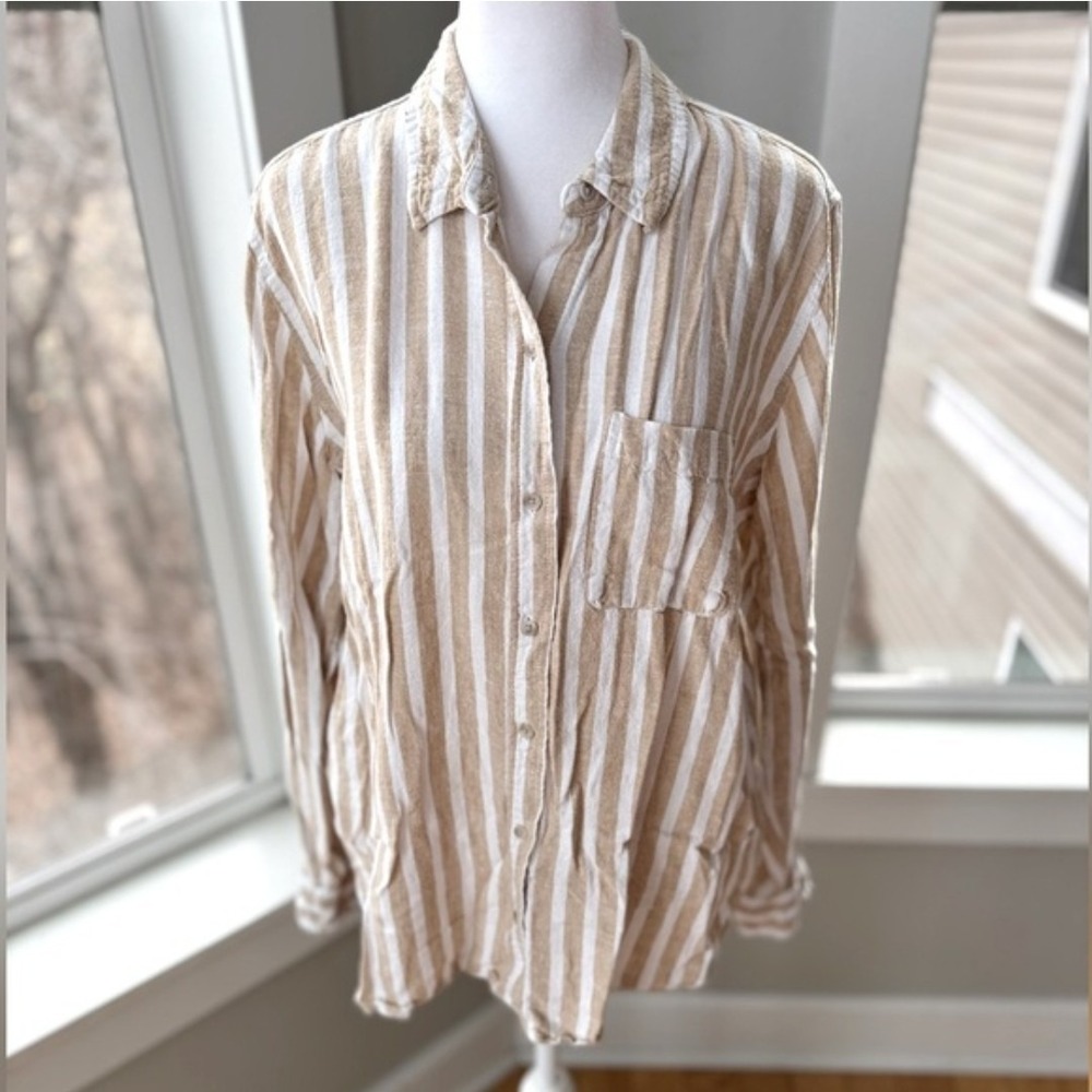 Universal Thread Button Down Top Sz S Tan White Stripe Euro Summer Quiet Luxury